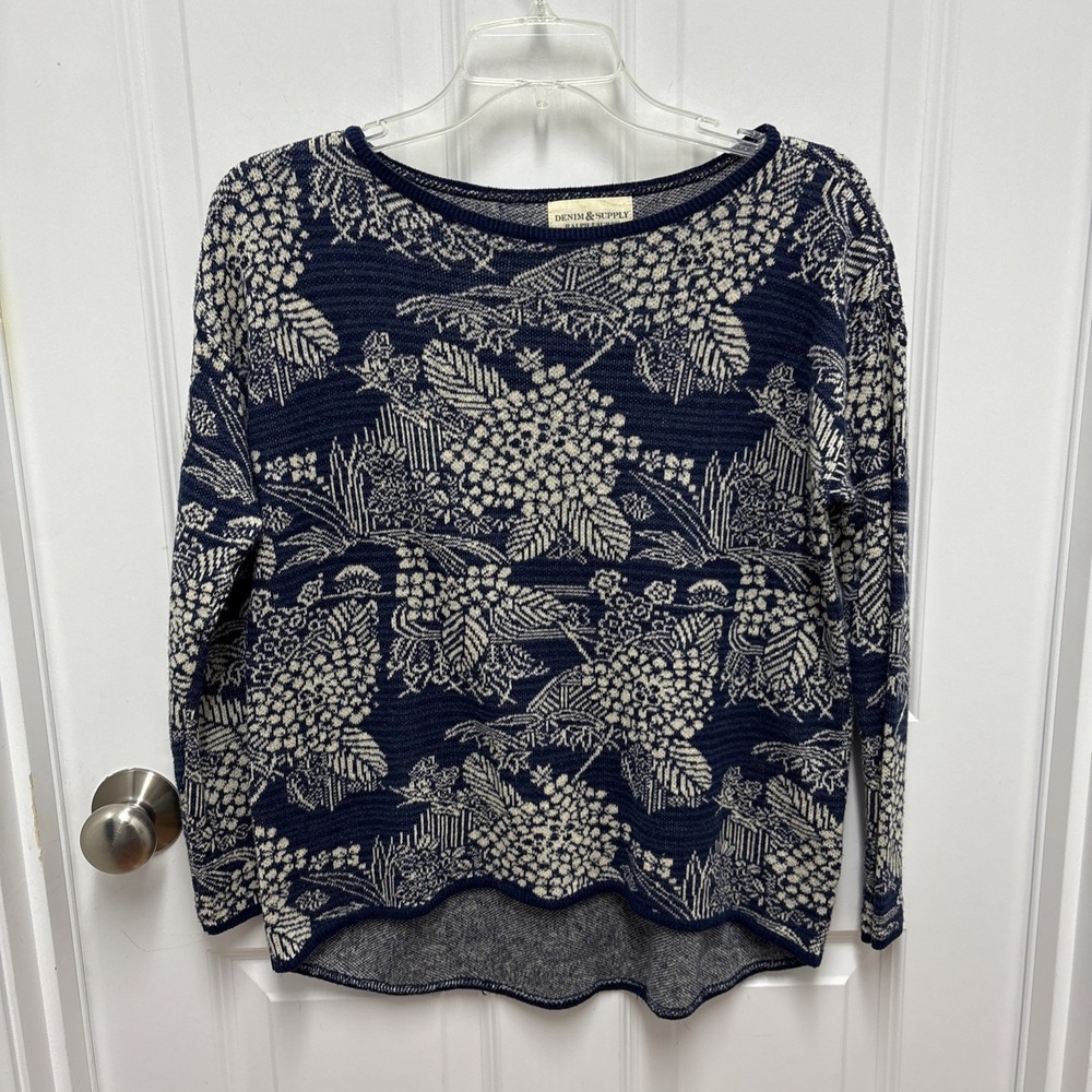 Denim & Supply Ralph Lauren Blue Floral Linen Oversized Knit Sweater Size XS